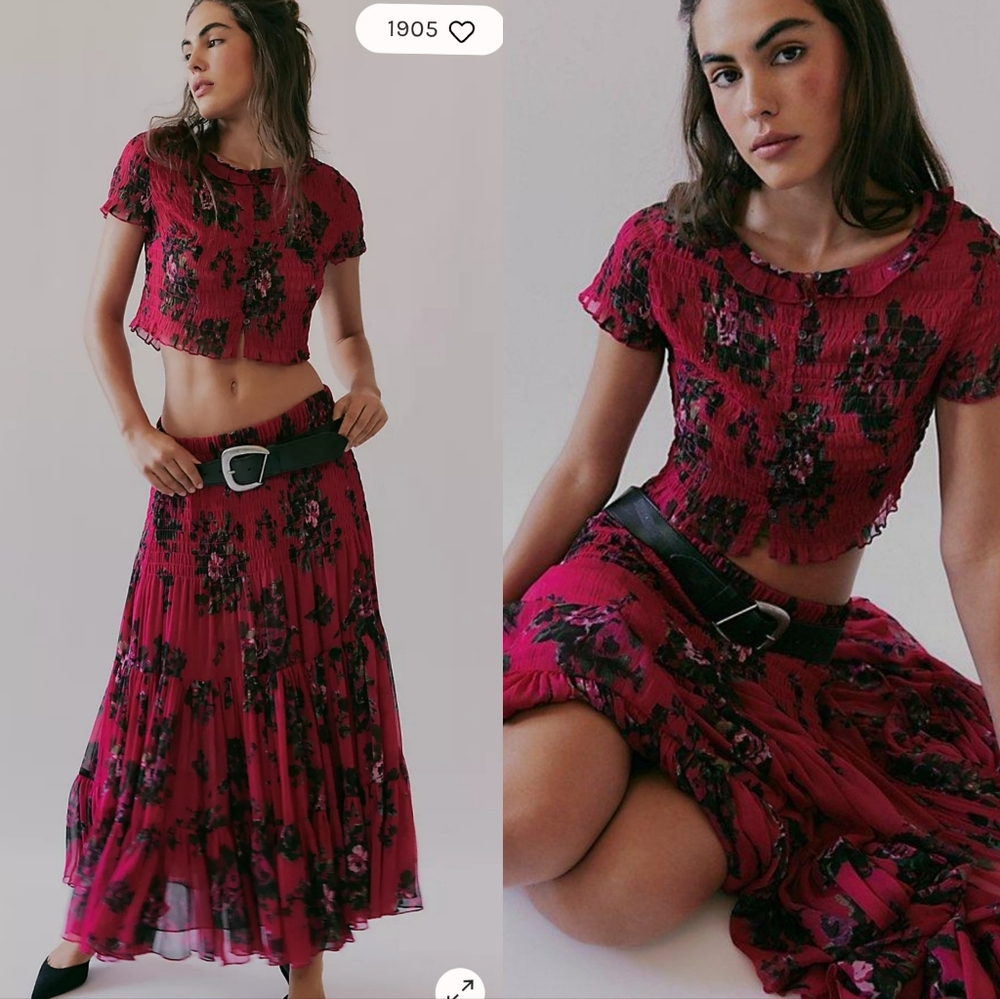 New!SET Free People Blooming Romance Floral Red Two-Piece Set